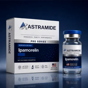 Ipamorelin Pro 5 mg research peptide vial, Astramide Pro Series, lot tested at or above 99% HPLC purity