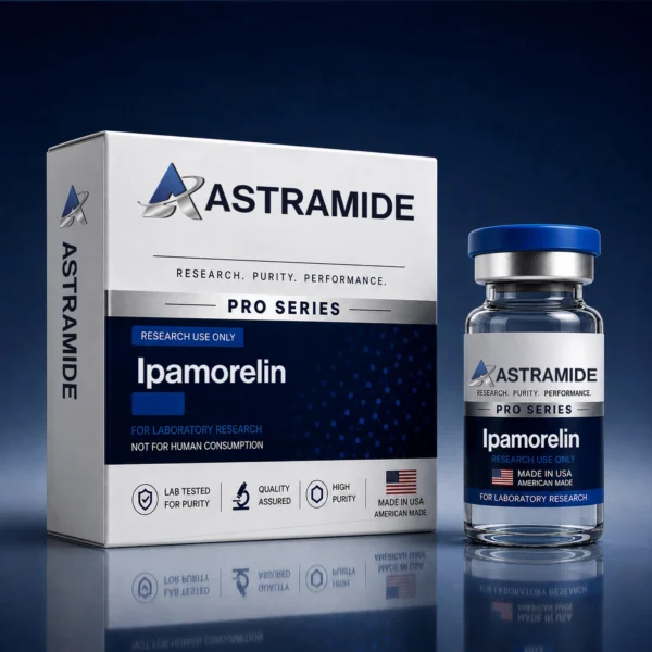 Ipamorelin Pro 5 mg research peptide vial, Astramide Pro Series, lot tested at or above 99% HPLC purity