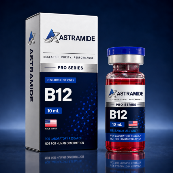 B-12 (Cyanocobalamin) Pro 10 mg research vial and box, lot tested at 99% HPLC purity, Astramide Pro Series