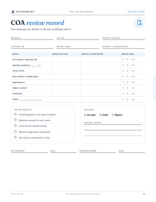 COA review record page from The Lab Notebook